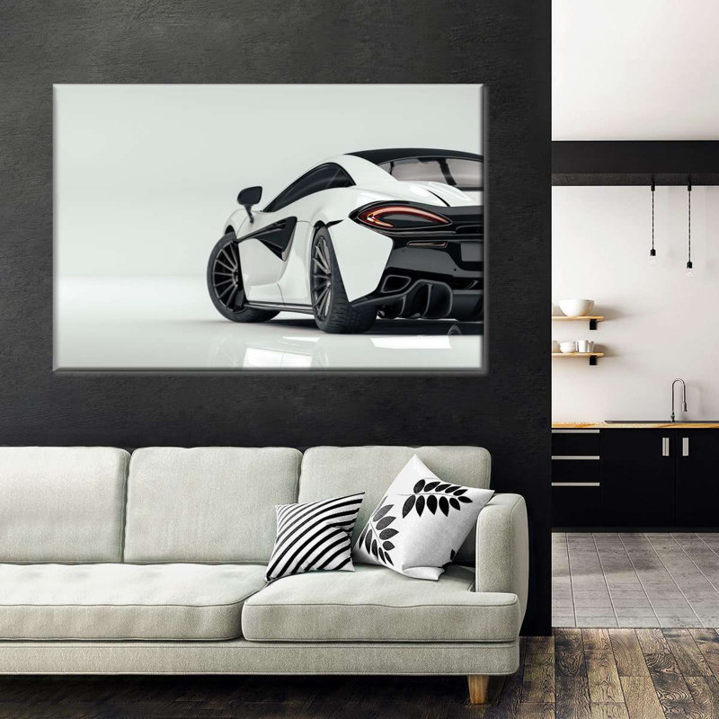 Voiture de sport blanche sur toile, H 30 po x l 45 po x P 1,25 po