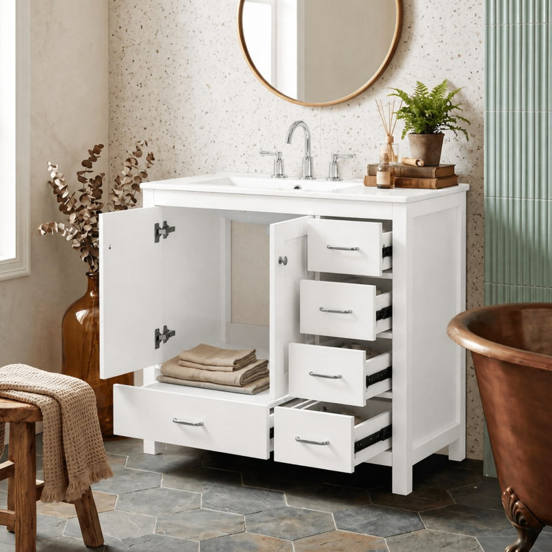 Ensemble de meuble-lavabo simple autoportant avec 5 tiroirs, Blanc