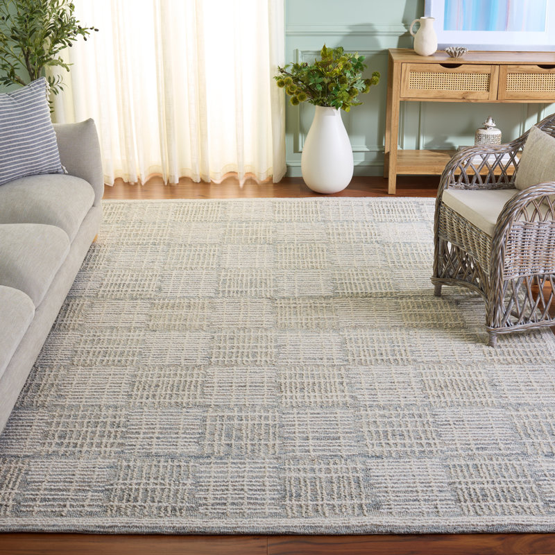 Tapis géométrique en coton touffeté à la main à motif abstrait gris foncé / ivoire Wenee, Rectangle 8 pi x 10 pi