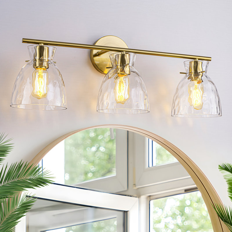 3 - Light Dimmable Bathroom Vanity Light with Hammered Glass Shades, Gold