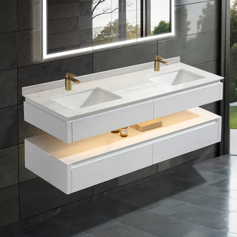 Ensemble de meuble-lavabo mural moderne 60 po en bois massif avec plateau en marbre et lumière, Blanc