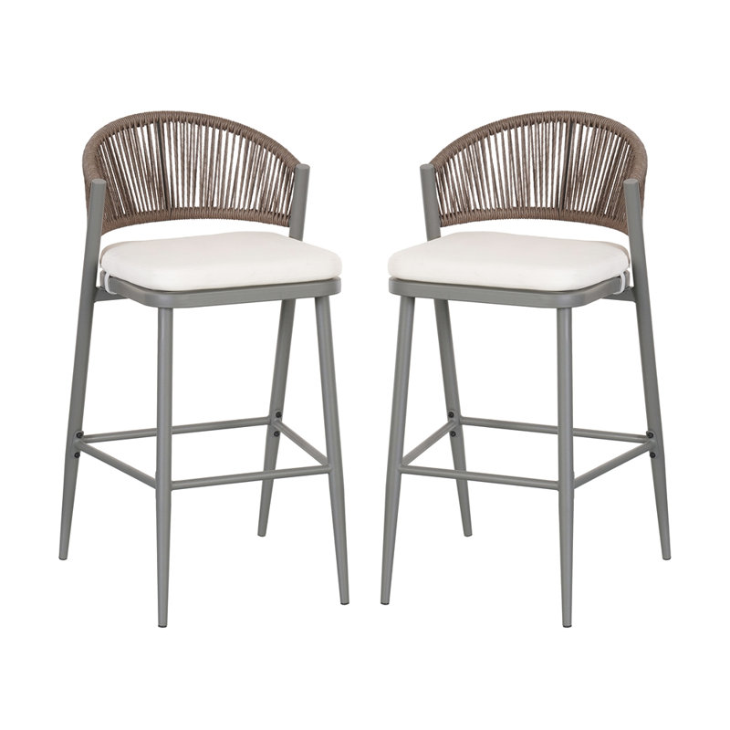 Ensemble de 2 tabourets de bar d'extérieur à structure en métal à hauteur d'assise 30,25 "avec dossier en PE en rotin