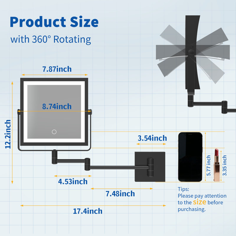  Miroir de maquillage mural rechargeable avec lumières, miroir de coiffeuse grossissant 1X / 10X à double face avec éclairage 3 couleurs, écran tactile à intensité variable, bras rotatif à extension à 360 ° (noir mat)