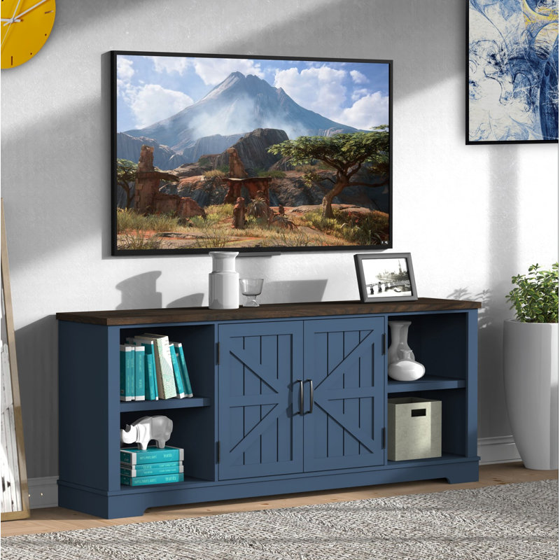Meuble télé Farmhouse pour téléviseur de 80 po ou moins avec tablettes de rangement ouvertes et tablettes réglables, console de télévision