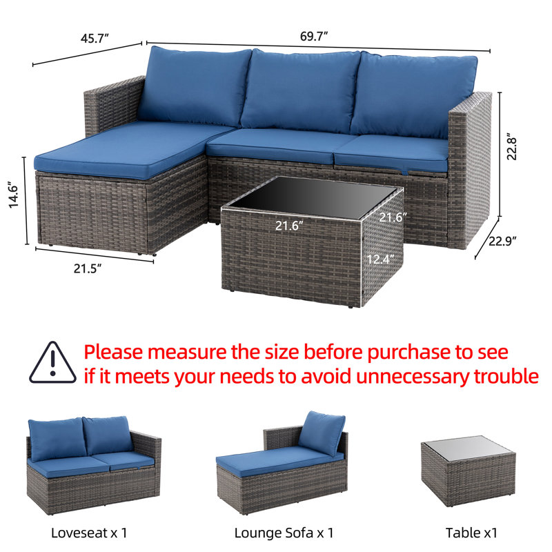  3 Piece Outdoor Sectional Patio Sofa, All-Weather Wicker Rattan Outdoor Furniture Set With Glass Table And Cushions, Blue