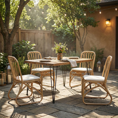 Ensemble repas d'extérieur pour 4 avec table carrée et chaises en rotin