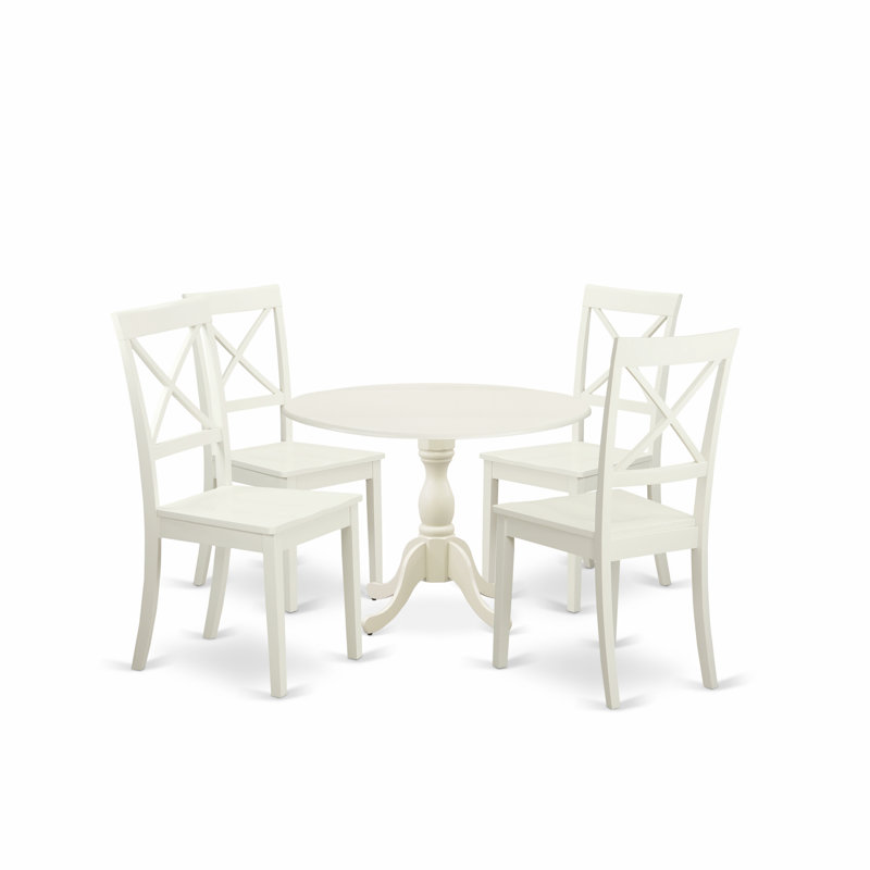 Ensemble de table de salle à manger 5 pièces moderne comprenant une table ronde en bois avec Dropleaf et 4 chaises, 42 po x 42 po, lin blanc