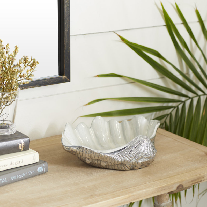 Ember Silver Shell Sea Life Serving Bowl with Enamel Interior 12" x 9" x 3", Silver