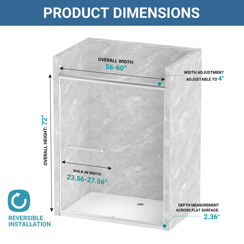 56–60" W x 72" H Semi-Frameless Sliding Shower Door with Tempered Glass and Nano Coating, Brushed Nickel, Brushed Nickel