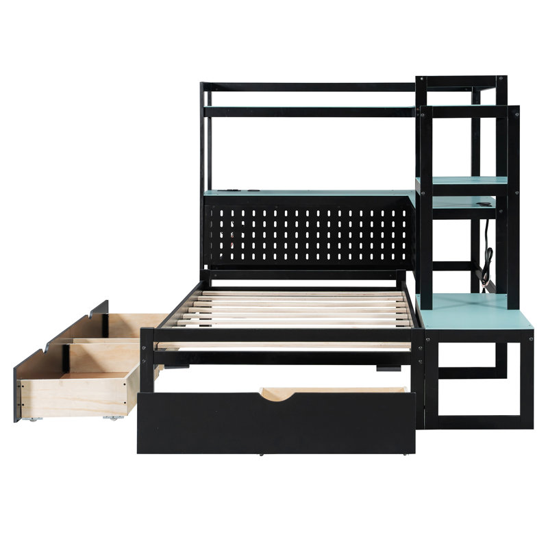 Lit de jour avec bureau intégré et lumière DEL, cadre de lit en bois avec 3 tiroirs de rangement et station de charge intégrée