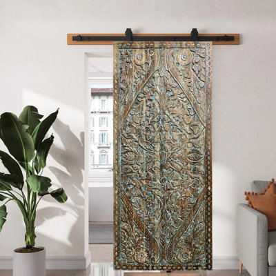 Porte de grange coulissante sculptée Lotus Vintage - portes de jardin doubles, 96 x 42
