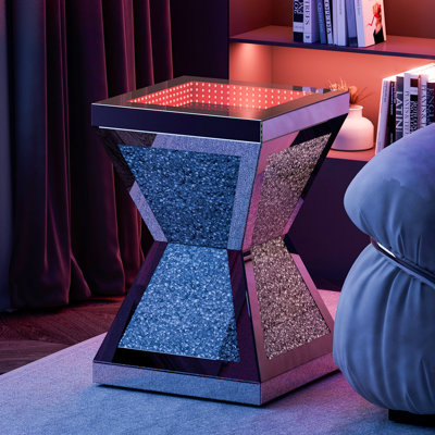 Mirrored End Table with LED Light, Mirrored Nightstand with Irregular Base, Silver Side Table with Crushed Diamonds for Living Room, Bedroom and Office