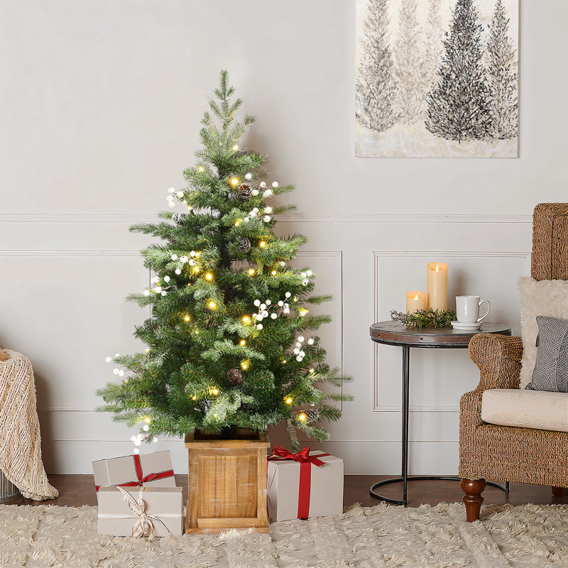 3.9Ft Pre-Lit Green Artificial Christmas Pine Tree with Square Wood Pot