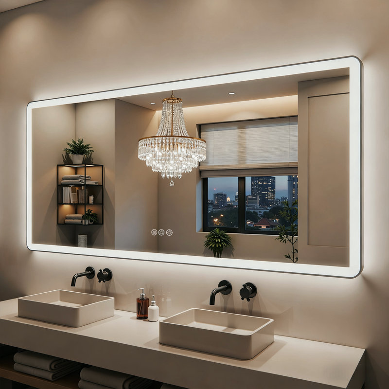 Lunara Independent Dual Backlit&Front Lights LED Wall Mirror, Rounded Corner Matte Black Metal Framed Bathroom Mirror with Tempered Glass