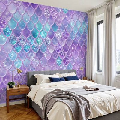 Peel and Stick Wallpaper 96" W x 69" H Modern Self Adhesive Wall Mural for Bedroom Shimmering Glitter Mermaid Scales Purple Teal Hues