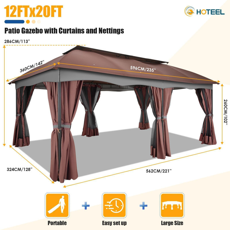 Pavillons de jardin 12 x 20 avec rideaux améliorés à l'épreuve du froid , Brun
