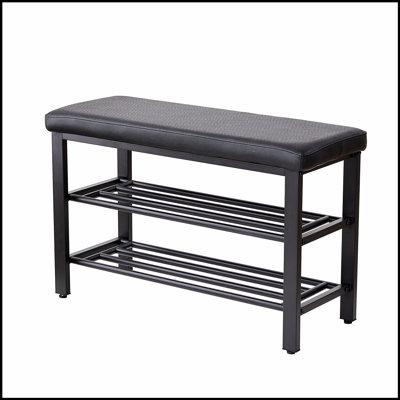 Compact 3-Tier Shoe Storage Bench With PU Seat Cushion, Metal Mesh Shelves For Entryway And Hallway Organization