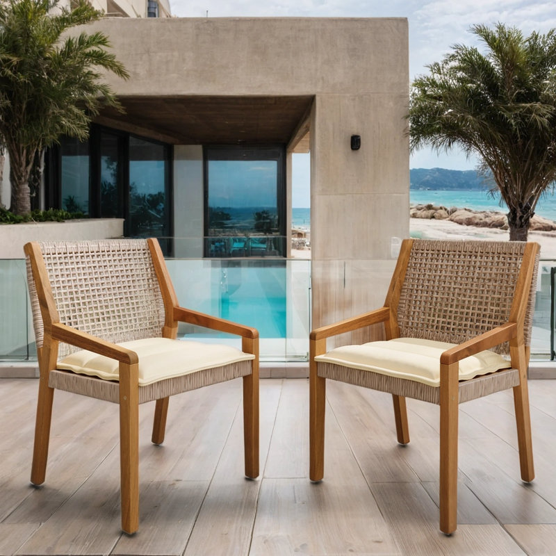 Acacia Wood & Wicker Outdoor Dining Chairs with Cream Cushions - 400-lb Capacity (Set of 4)