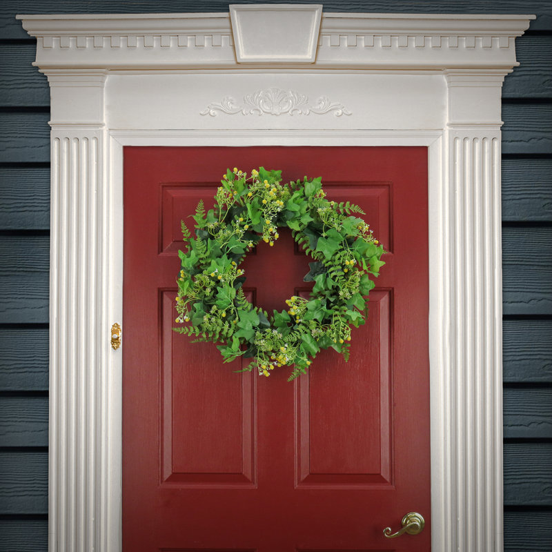 24 inch Artificial Spring Wreath with Ivy, Fern Leaves, Seed Pods, and Flowing Green Stems   