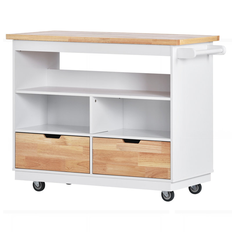 Chariot d'îlot de cuisine à deux côtés sur roulettes avec plateau en bois, Blanc