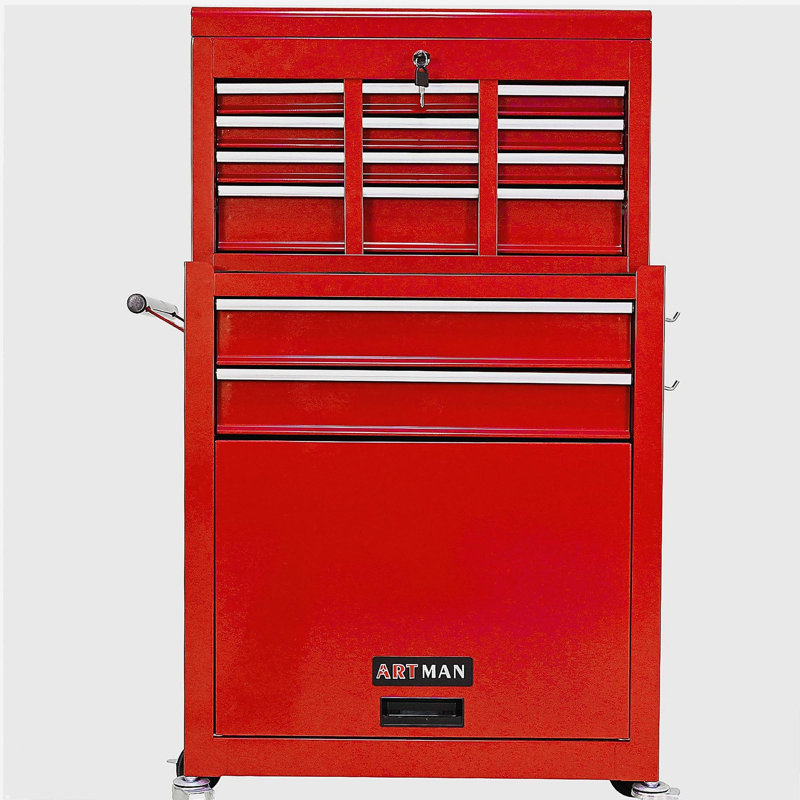 Coffre à outils à grande capacité avec roulettes et tiroirs, armoire de rangement pour outils à 8 tiroirs, Rouge