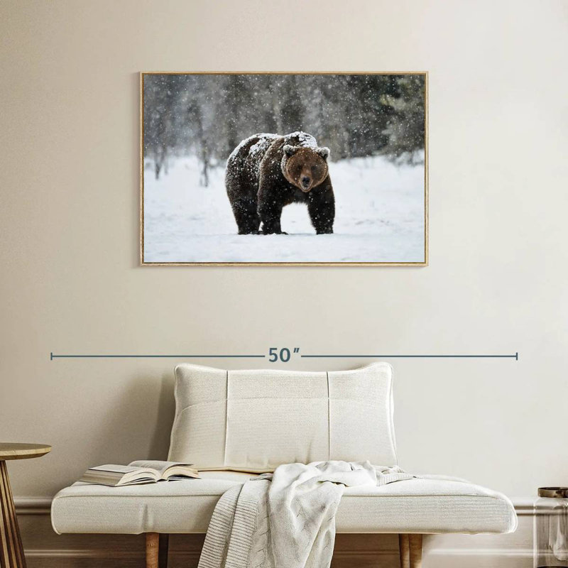 Ours grizzly d'hiver, Cadre flottant en bois naturel, 37 po x 25 po