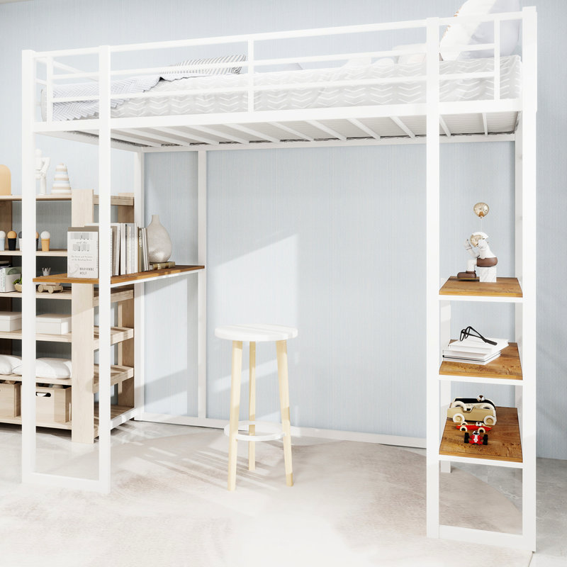 Twin Size, White Iron Bed, Railing, Stairs On Both Sides, Functional, Bedroom, Table Top, Long Service Iron Frame Bed With Built - In Table And Stable Safe For Double Supported Legs, Space Saving