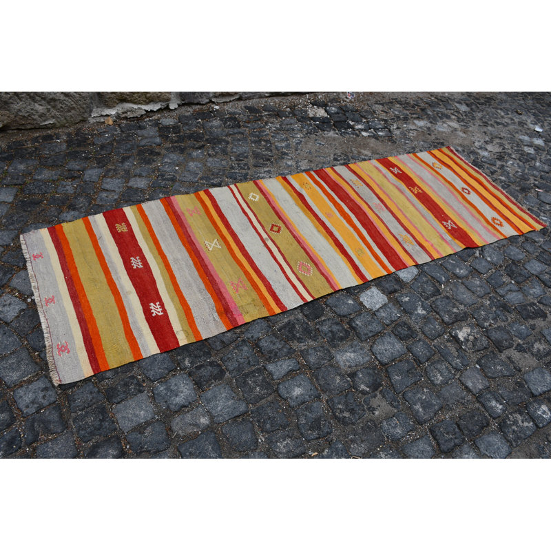 Vintage Turkish Oushak Kilim Runner Rug - Boho Wool Carpet for Stylish Home Decor Red/Yellow