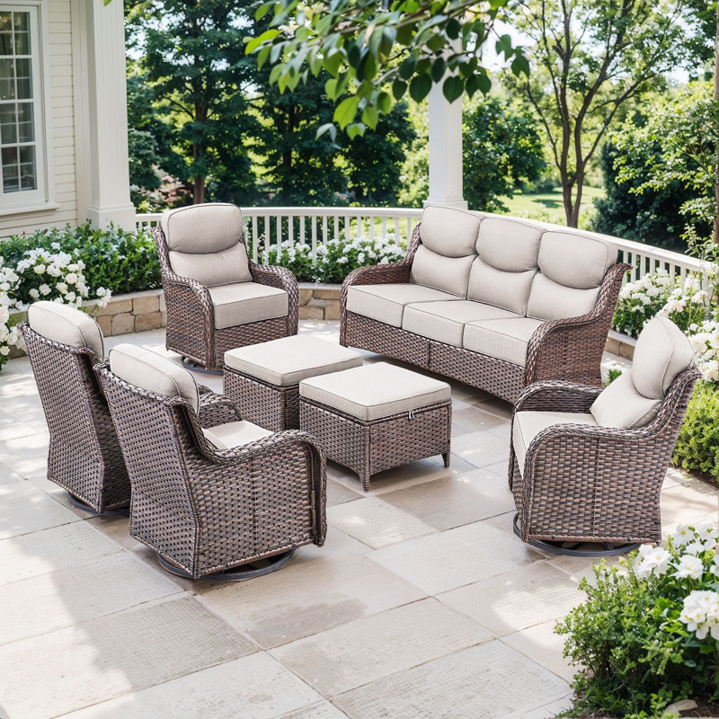 Ensemble de conversation pour patio en osier pour 7 personnes avec coussins de 6 po Wickes Haven, Blanc