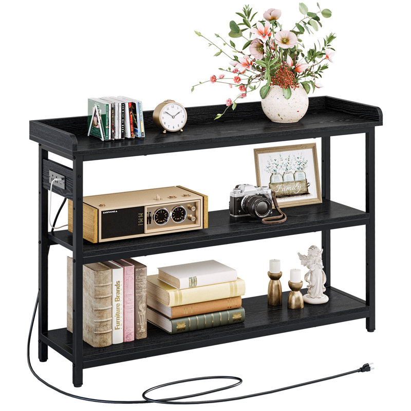 Console Table with Power Outlets, 33" H x 55" W x 13.8" D, Vintage Black