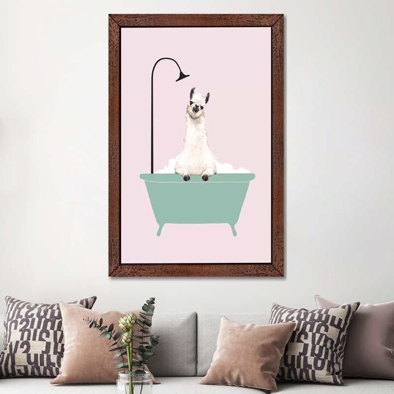 Llama Enjoying Bubble Bath by Big Nose Work - Floater Frame Print on Canvas, Brown Framed, 152.5 cm H x 101.5 cm W