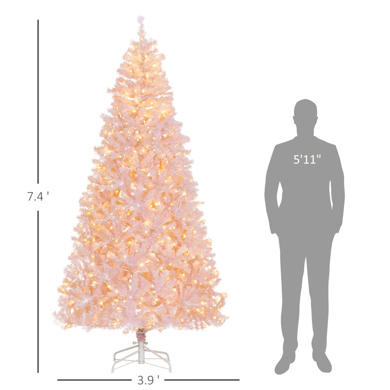 Arbre de Noël 500 à DEL blanc chaud, 7,5 pieds de haut, rose, base attrayante avec arbre rose 7,5 pi et branches pliantes