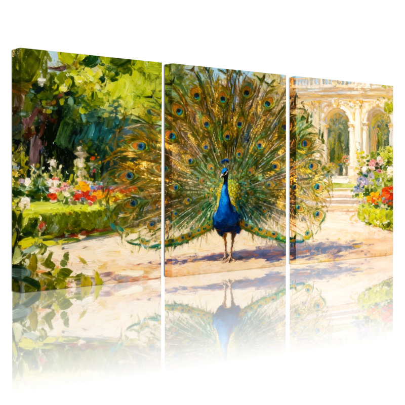 Oiseaux paon dans le jardin avec couleurs vives et reflet, ensemble de 3 impressions sur toile, H 30 po x l 60 po