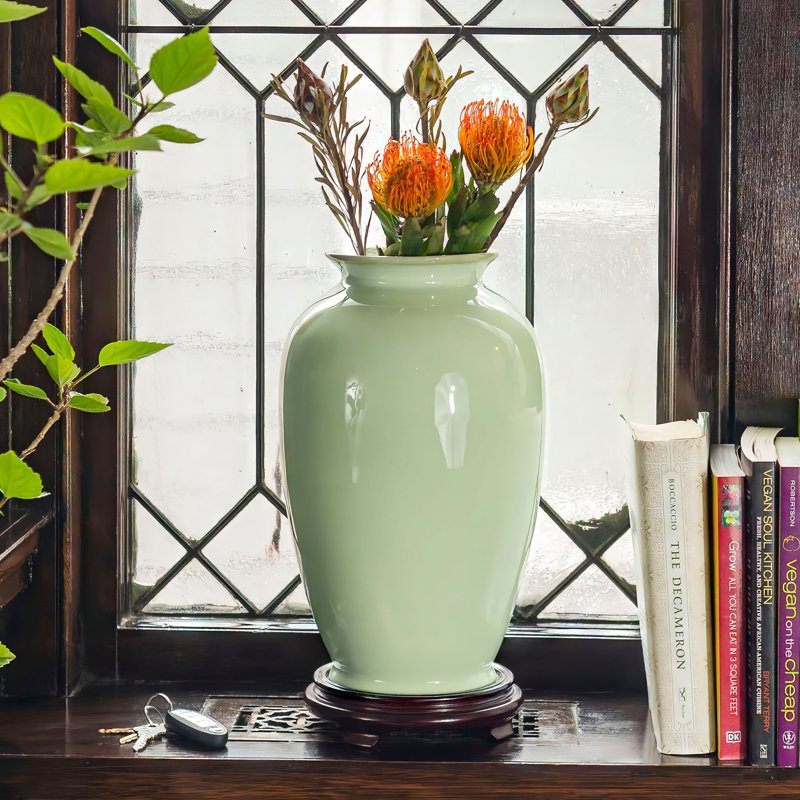 14" Bright Yellow Tung Chi Vase, Solid Green