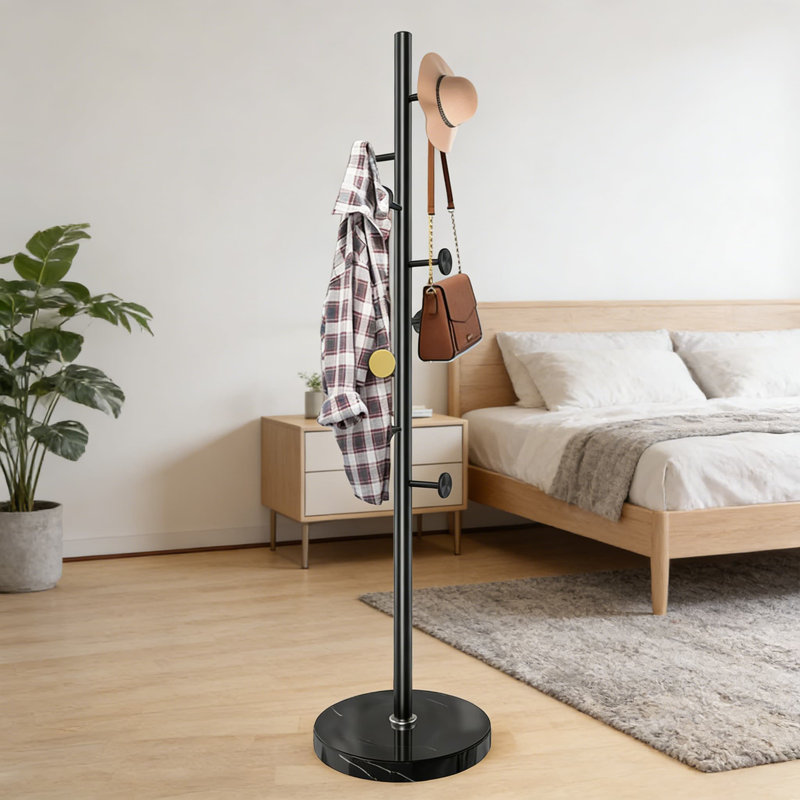 Modern Freestanding Coat Rack With Natural Marble Base, 8 Hooks, Heavy-Duty Metal Hall Tree Stand For Entryway, Office, And Home