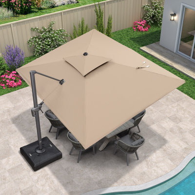 Gertha 9' x 12' Rectangular Double Top Cantilever TiltIng Umbrella With Base And 360° Rotation,Taupe