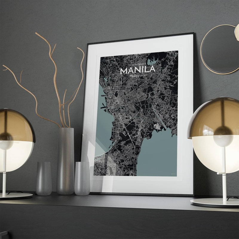 Manille, carte de la ville, impression, H 17 po x l 11 po, Gris/noir