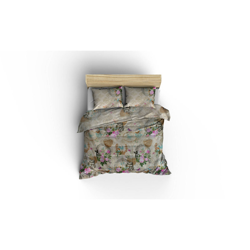 Ensemble de housse de couette 3 pièces en mélange de coton beige / brun / bleu Eslet
