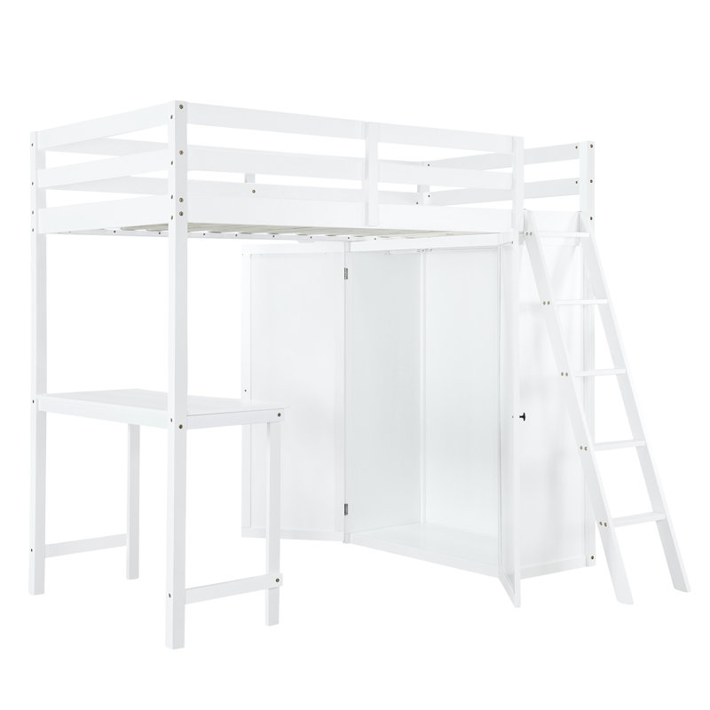 Lit mezzanine simple avec garde-robe et bureau, blanc