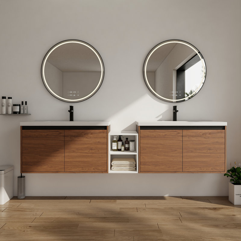 Meuble-lavabo mural 84 po avec lavabo de comptoir en résine et 1 tablette de rangement, 4 portes à fermeture douce (KD-Packing)