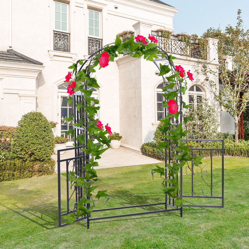 Black Steel Garden Arbor with Gate and Scrollwork