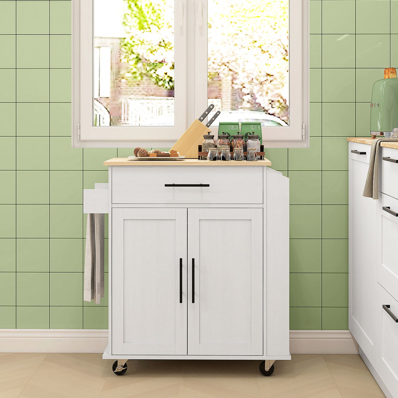 Kitchen Island With Electrical Connections And Valuable Storage Options - White, Drawer, Cabinet Adjustable Shelf, Towel Rack, Spice Rolling Cart Outlets, Cabinet, Stable Mobility