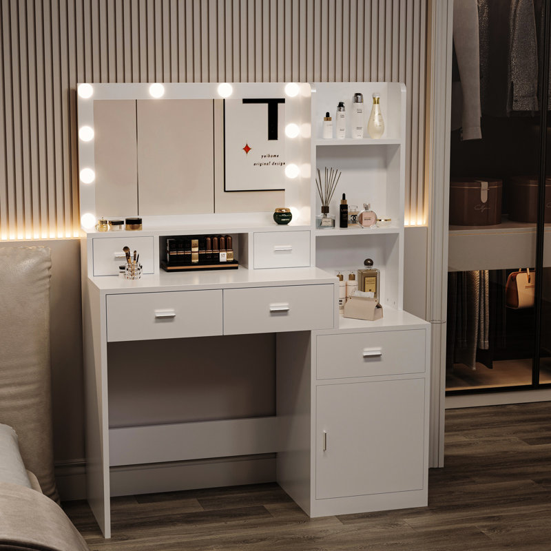 Table de chambre à coucher avec 1 tiroir et 1 espace de rangement avec tablettes blanches dissimulées
