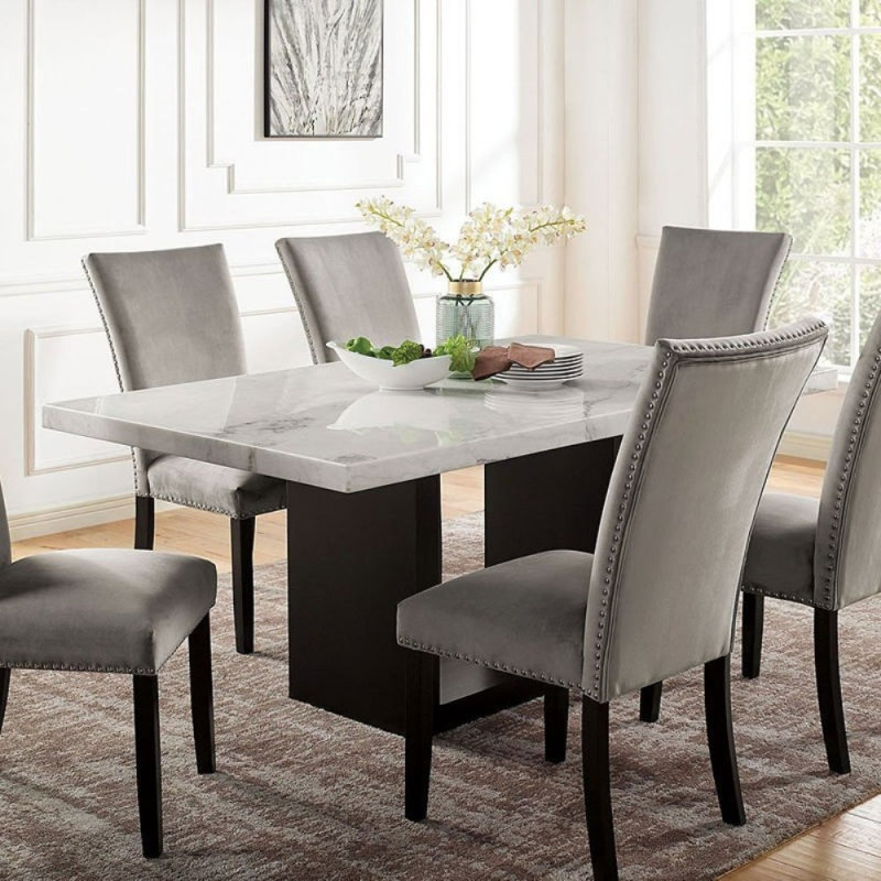 Table de salle à manger attrayante et élégante en marbre véritable blanc avec plateau en bois massif, 30" H x 70" W x 42" D