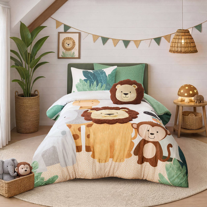 Ensembles de literie Safari, édredon simple en microfibre 4 pièces avec coussin lion