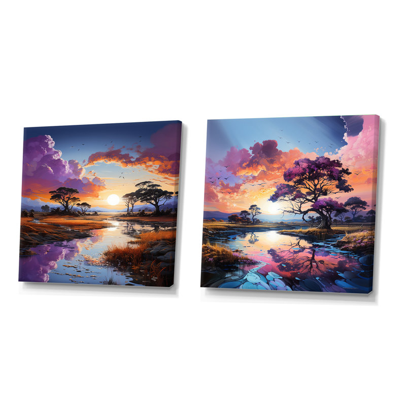 Ensemble de 2 charmants desserts au coucher du soleil, H 16 po x l 33 po, Toile tendue