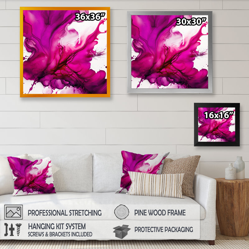 Ancien mystère in Viva Magenta II - Art abstrait à l'encre liquide, H 24 po x l 24 po, Toile avec cadre photo, Doré
