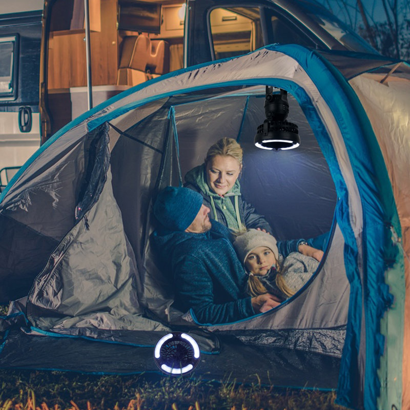 Lanterne de camping portative noire à DEL 2 en 1 avec ventilateur de plafond