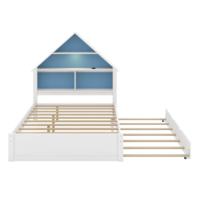 Lit simple en forme de maison avec tête de lit bibliothèque et lumière DEL, Double, Bleu / blanc
