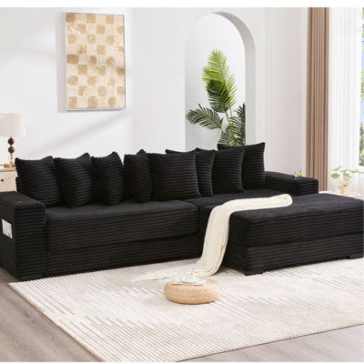 Canapé modulaire en velours côtelé de 113,07 po avec repose-pieds amélioré, porte-gobelets, 8 coussins décoratifs et repose-pieds spacieux et moderne, fonction dépliable pour coussins